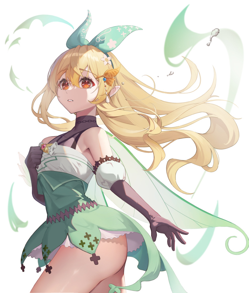 1girl absurdres aqua_ribbon ass black_gloves blonde_hair breasts butterfly_hair_ornament dress elbow_gloves fairy fairy_wings gloves green_skirt hair_ornament hair_ribbon highres long_hair looking_at_viewer maboroshi_yuki_shiro nijisanji nijisanji_en pointy_ears pomu_rainpuff pomu_rainpuff_(1st_costume) red_eyes ribbon shirt skirt sleeveless sleeveless_dress small_breasts solo virtual_youtuber white_background white_shirt wings