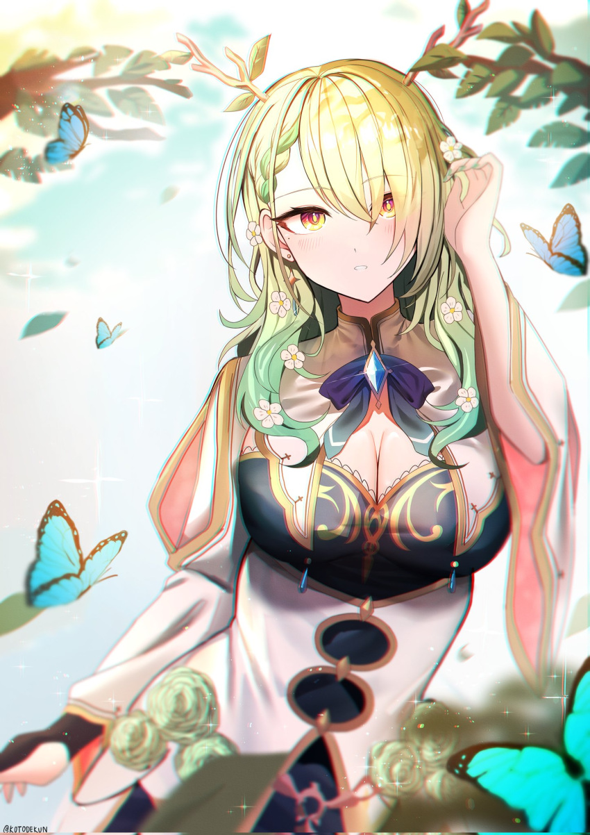 1girl blue_butterfly blue_dress blue_ribbon blush breasts bug butterfly ceres_fauna ceres_fauna_(1st_costume) cleavage dress earrings facing_viewer flower green_hair hair_between_eyes hair_flower hair_ornament highres hololive hololive_english jewelry kotodekun large_breasts long_hair looking_at_viewer ribbon solo sparkle tree upper_body virtual_youtuber yellow_eyes