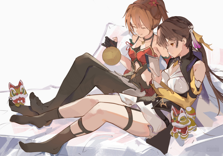 absurdres black_pantyhose black_socks brown_hair cmdr_saturn diting_(honkai:_star_rail) feet gong guinaifen_(honkai:_star_rail) highres honkai:_star_rail honkai_(series) legwear_garter on_bed orange_hair pantyhose pillow socks sushang_(honkai:_star_rail) thigh_strap yellow_sleeves