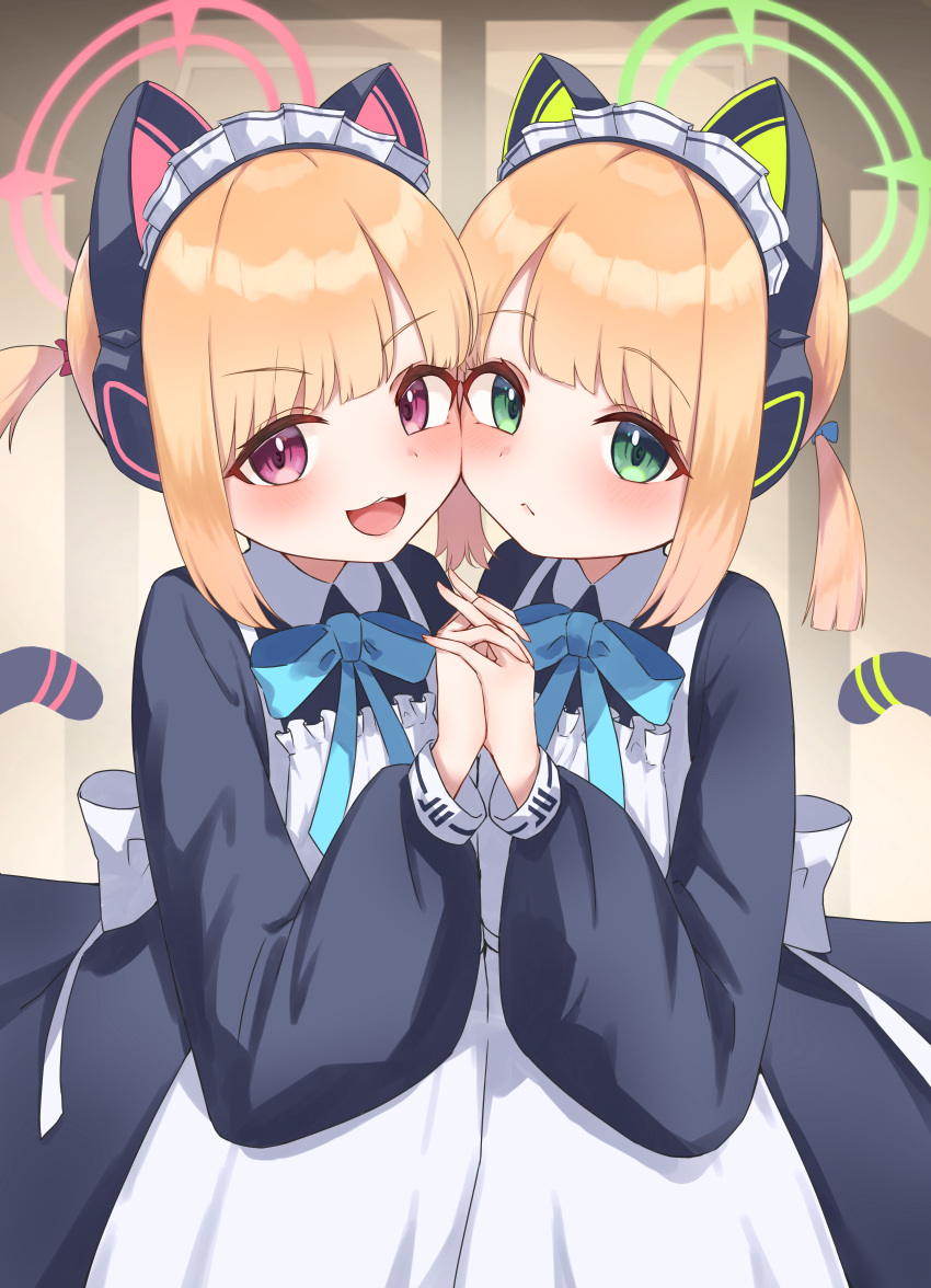 2girls :3 absurdres animal_ear_headphones animal_ears apron blue_archive blue_ribbon blush cat_ear_headphones cat_tail fake_animal_ears green_eyes halo headphones highres holding_hands long_hair long_sleeves looking_at_viewer maid maid_apron maid_headdress midori_(blue_archive) midori_(maid)_(blue_archive) minazuki_(user_ejyk8423) momoi_(blue_archive) momoi_(maid)_(blue_archive) multiple_girls official_alternate_costume open_mouth orange_hair ponytail purple_eyes ribbon siblings sidelocks sisters tail twins