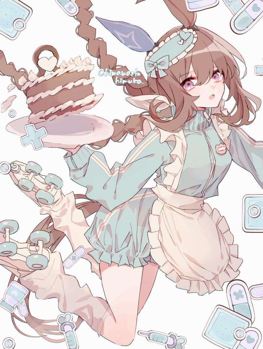 admire_vega_(umamusume) animal_ears apron artist_name blue_bow blue_jacket bow braid brown_hair cake commentary_request ear_covers falling food grey_socks hair_between_eyes hair_bow highres himawari_himuka holding holding_tray horse_ears horse_girl horse_tail jacket jersey_maid long_hair looking_at_viewer maid maid_apron open_mouth pill purple_eyes roller_skates single_ear_cover skates socks syringe tail tray twin_braids umamusume unconventional_maid white_background white_footwear