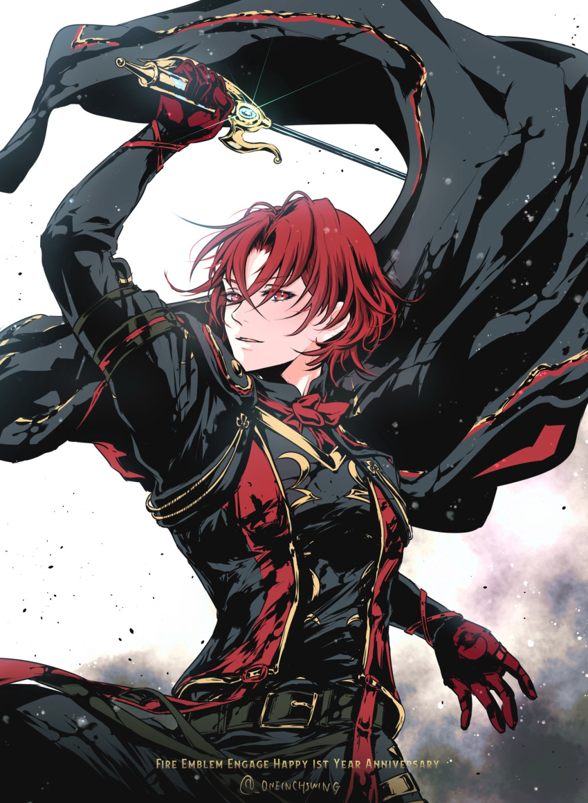 1boy absurdres alear_(fire_emblem) alear_(male)_(fire_emblem) black_cape cape crossed_bangs fire_emblem fire_emblem_engage gloves hair_between_eyes highres holding holding_sword holding_weapon long_sleeves looking_at_viewer male_focus red_eyes red_gloves red_hair short_hair solo sword umi_(_oneinchswing) weapon