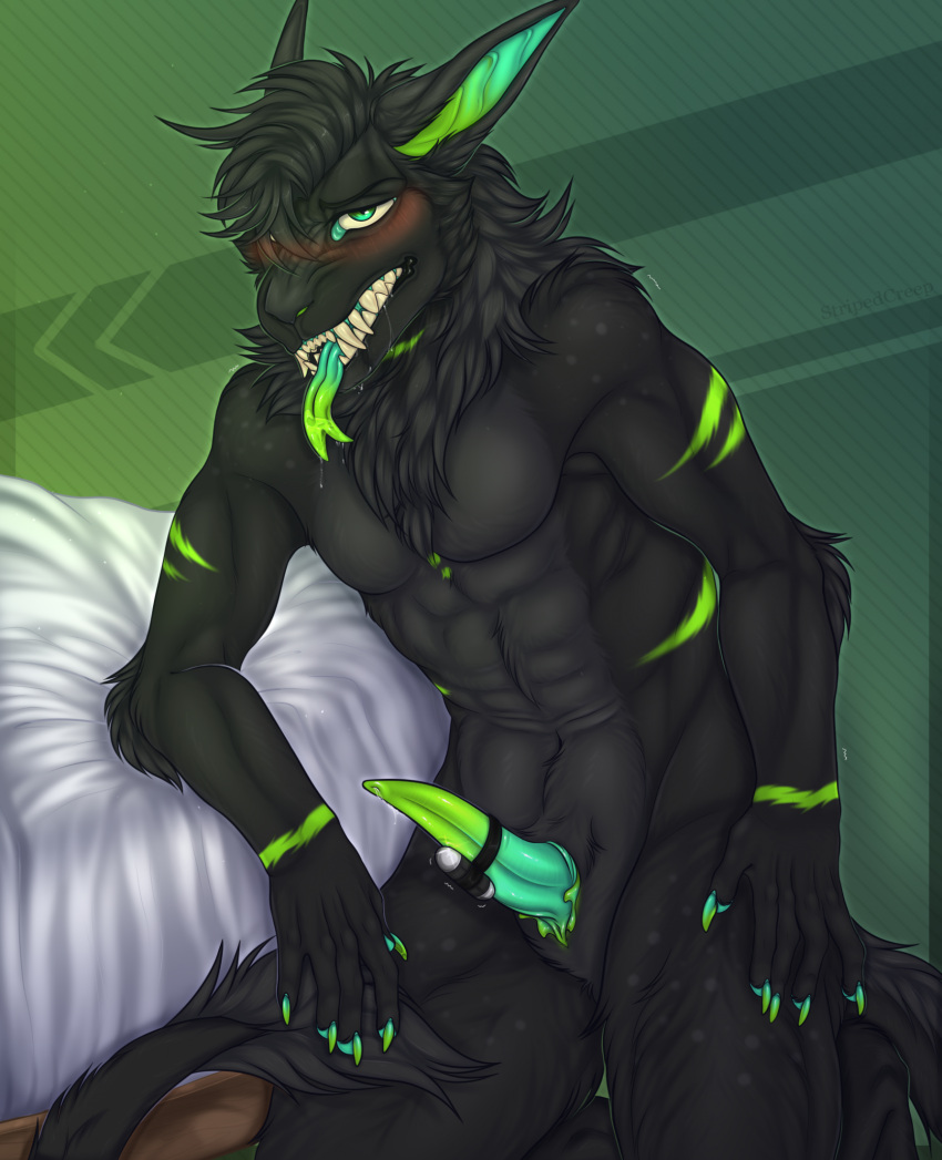 2023 5_fingers abs animal_genitalia animal_penis ankle_tuft anthro biped black_body black_hair blue_penis blush chest_tuft claws erection fingers forked_tongue genitals green_background green_claws green_ears green_eyes green_markings green_penis green_tongue hair hi_res knot leaning leaning_on_object leg_tuft male mane markings muscular nude open_mouth orgasm_face penis simple_background slit slit_penis solo stripedcreep tail tail_tuft teeth tongue tuft vernid viper_(vernid)