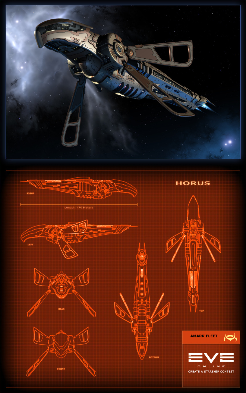 3d absurdres amarr_empire_(eve_online) amras-arfeiniel battlecruiser_(eve_online) commentary concept_art copyright_name emblem eve_online flying glowing highres logo military_vehicle multiple_views nebula no_humans original outdoors realistic reference_sheet science_fiction sky space spacecraft star_(sky) starry_sky thrusters vehicle_focus