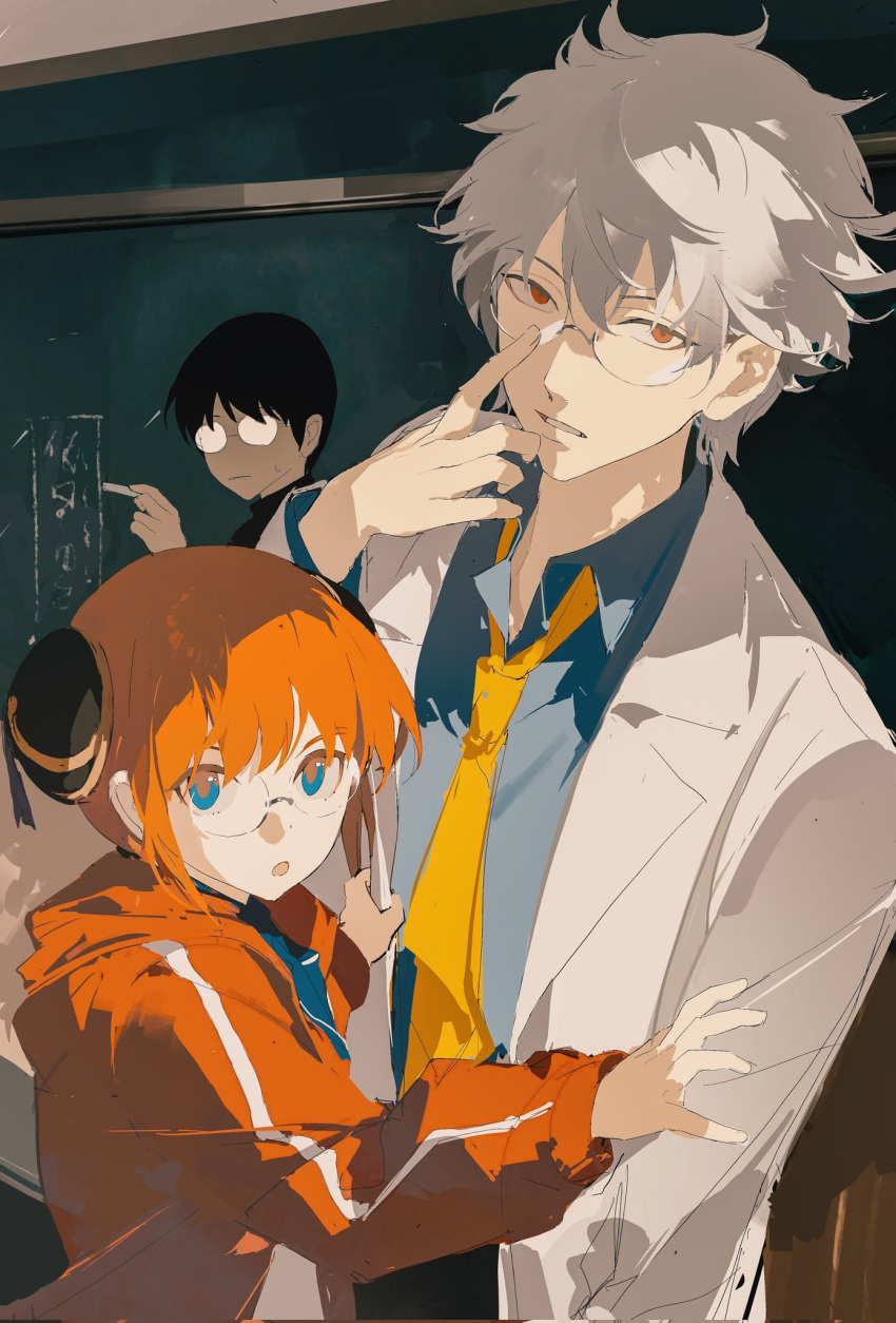 blue_eyes chongzhen_085 coat curly_hair double_bun gintama glasses hair_bun highres kagura_(gintama) lab_coat necktie open_clothes open_coat orange_hair sakata_gintoki shimura_shinpachi shirt