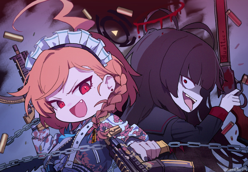 2girls ahoge antenna_hair black_hair black_serafuku blue_archive braid chain fang gun halo highres holding holding_gun holding_weapon huge_ahoge jacket long_hair long_sleeves melting_halo multiple_girls neckerchief neru_(blue_archive) open_mouth red_eyes red_hair red_halo red_neckerchief school_uniform serafuku single_braid smile sukajan tongue tongue_out tsurugi_(blue_archive) twitter_username weapon yanggaengwang