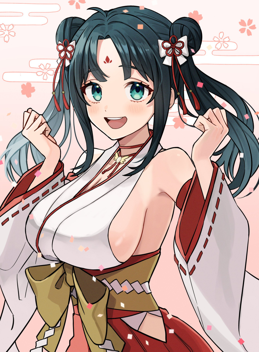 1girl absurdres ahoge amano_nene_(vtuber) amano_nene_(vtuber)_(shrine_maiden) aqua_eyes bare_shoulders black_hair blush bow breasts choker cleavage clenched_hands commission detached_sleeves double_bun english_commentary facial_mark flower_knot forehead forehead_mark fune_(user_kujn8834) hair_bun hair_ornament hakama hakama_skirt highres hip_vent japanese_clothes kimono large_breasts long_hair looking_at_viewer miniskirt nontraditional_miko obi official_alternate_costume official_alternate_hairstyle open_mouth parted_bangs production_kawaii red_choker red_skirt ribbon-trimmed_thighhighs sash second-party_source sideboob sideless_kimono sidelocks skeb_commission skirt sleeveless sleeveless_kimono smile solo tassel tassel_hair_ornament teeth twintails underbust upper_teeth_only virtual_youtuber w_arms waist_bow white_kimono wide_sleeves yellow_sash