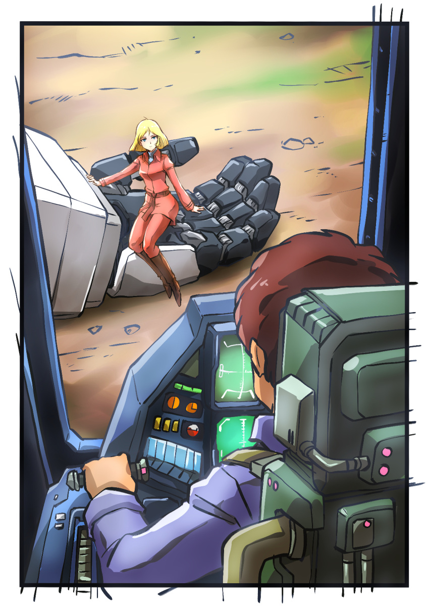 1boy 1girl amuro_ray blonde_hair blue_eyes brown_hair cockpit commentary_request gundam highres looking_at_viewer mecha mobile_suit_gundam robot rx-78-2 sayla_mass short_hair taiga_hiroyuki