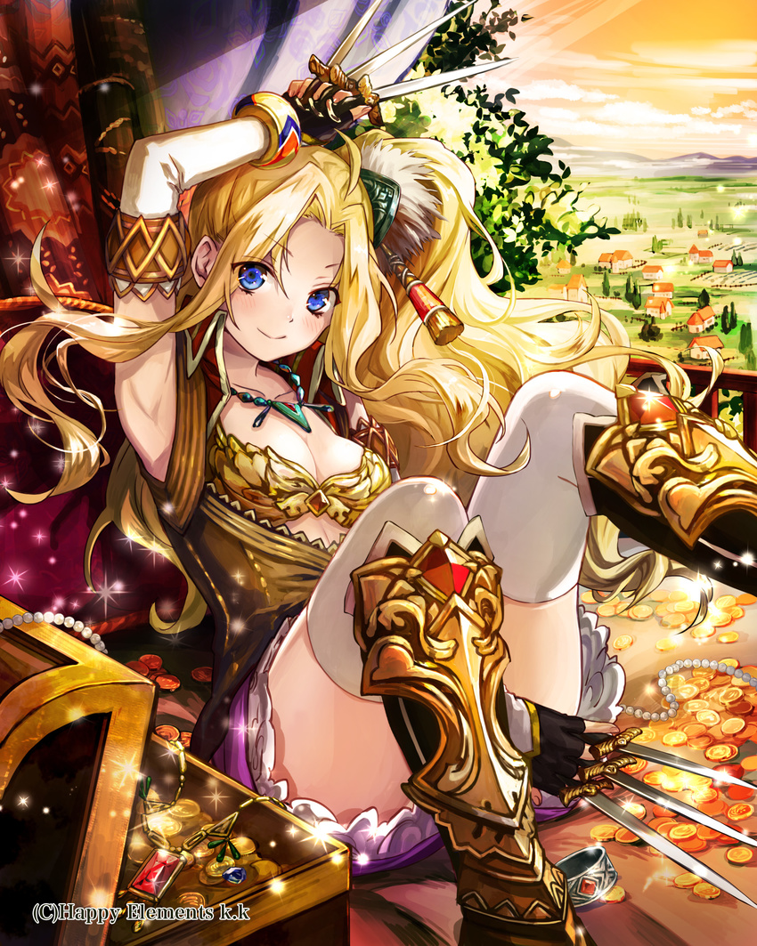 absurdres anatamouta blonde_hair blue_eyes boots bra bracelet breasts cleavage coin elbow_gloves gloves highres jewelry knife long_hair medium_breasts necklace side_ponytail sitting skirt solo thighhighs thousand_emperors treasure_chest underwear white_legwear