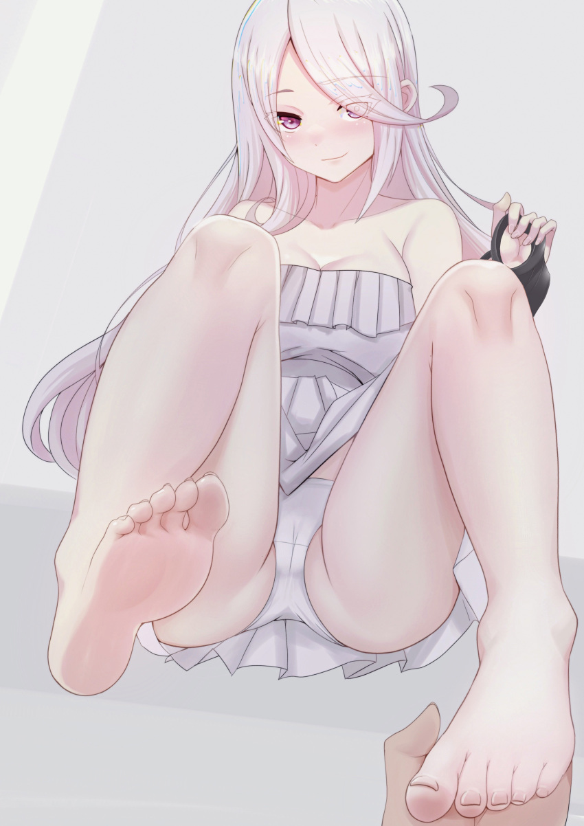 1girl absurdres bare_legs bare_shoulders barefoot blush breasts cleavage closed_mouth commission dress eyes_visible_through_hair feet foot_focus ghhoward grey_background grey_dress highres holding holding_another's_foot holding_clothes kantai_collection large_breasts legs light_smile long_hair looking_at_viewer panties pixiv_commission pov purple_eyes sleeveless sleeveless_dress soles strapless strapless_dress submarine_princess thighs toes underwear unworn_socks white_hair white_panties
