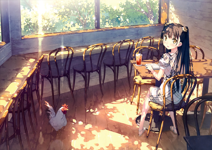 absurdres bird black_hair blush book chair chicken cup desk dress drinking_glass drinking_straw flower glass hair_flower hair_ornament highres kantoku long_hair looking_at_viewer looking_back nagisa_(kantoku) open_book open_mouth original plaid plaid_dress rooster sandals sitting smile solo tree tree_shade two_side_up window yellow_eyes