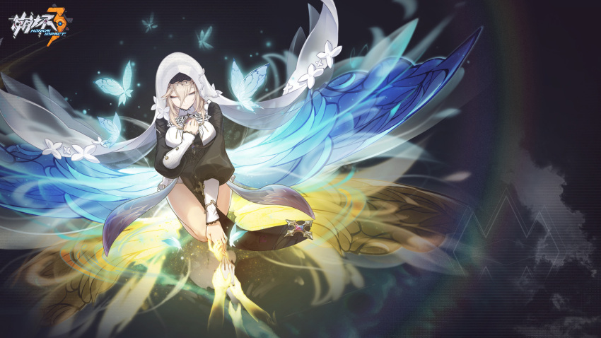 1girl aponia_(honkai_impact) blonde_hair breasts closed_eyes copyright_name highres honkai_(series) honkai_impact_3rd insect_wings logo long_hair nun official_art official_wallpaper second-party_source solo veil wings