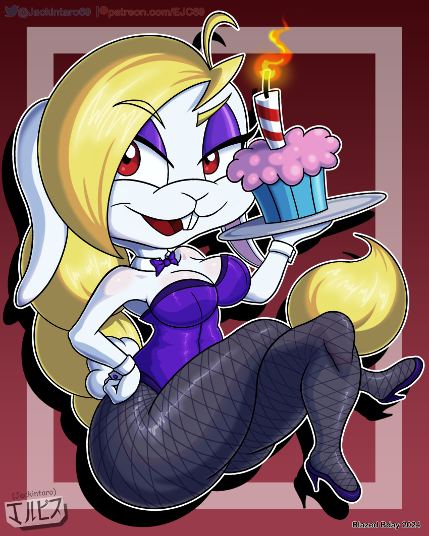 absurd_res anthro blonde_hair breasts broodal buckteeth clothed clothing cupcake digital_media_(artwork) female fishnet food footwear fur hair hariet_(mario) hi_res high_heels jackintaro lagomorph legwear leporid looking_at_viewer mammal mario_bros nintendo open_mouth rabbit red_eyes short_stack simple_background smile solo stockings super_mario_odyssey tail teeth white_body