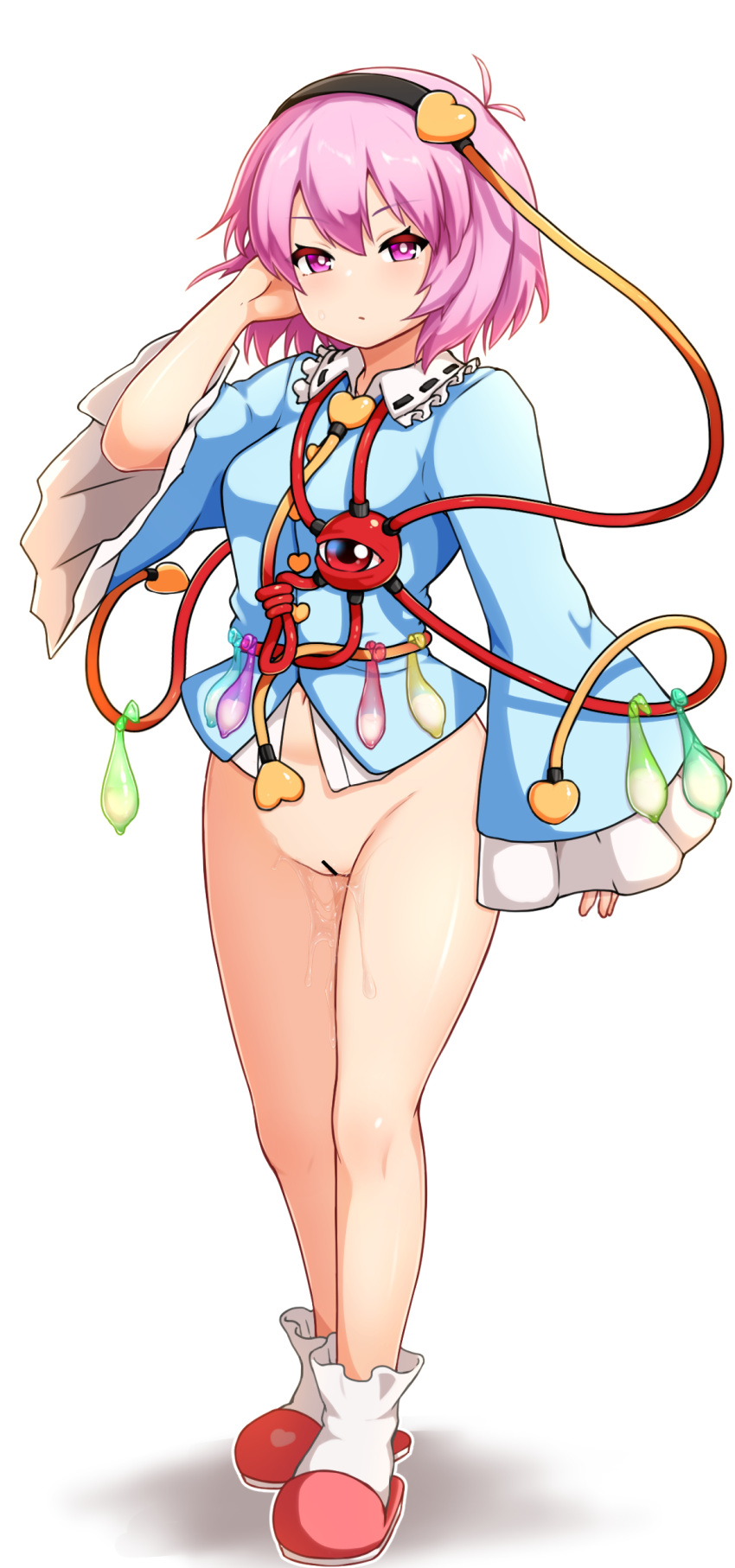 1girl absurdres arm_up bar_censor black_hairband blouse blue_shirt blush bottomless breasts bright_pupils buttons censored closed_mouth colored_condom commentary_request condom condom_belt eyeball floral_print frilled_shirt_collar frilled_sleeves frills full_body hair_between_eyes hair_ornament hairband hand_in_own_hair heart heart_button heart_hair_ornament highres komeiji_satori long_sleeves looking_at_viewer multiple_condoms peso_(cheese_company) pink_eyes pink_footwear pink_hair pussy pussy_juice ribbon-trimmed_collar ribbon_trim rose_print shirt short_hair simple_background sleeves_past_wrists slippers small_breasts socks solo standing third_eye touhou used_condom variant_set white_background white_pupils white_socks wide_sleeves