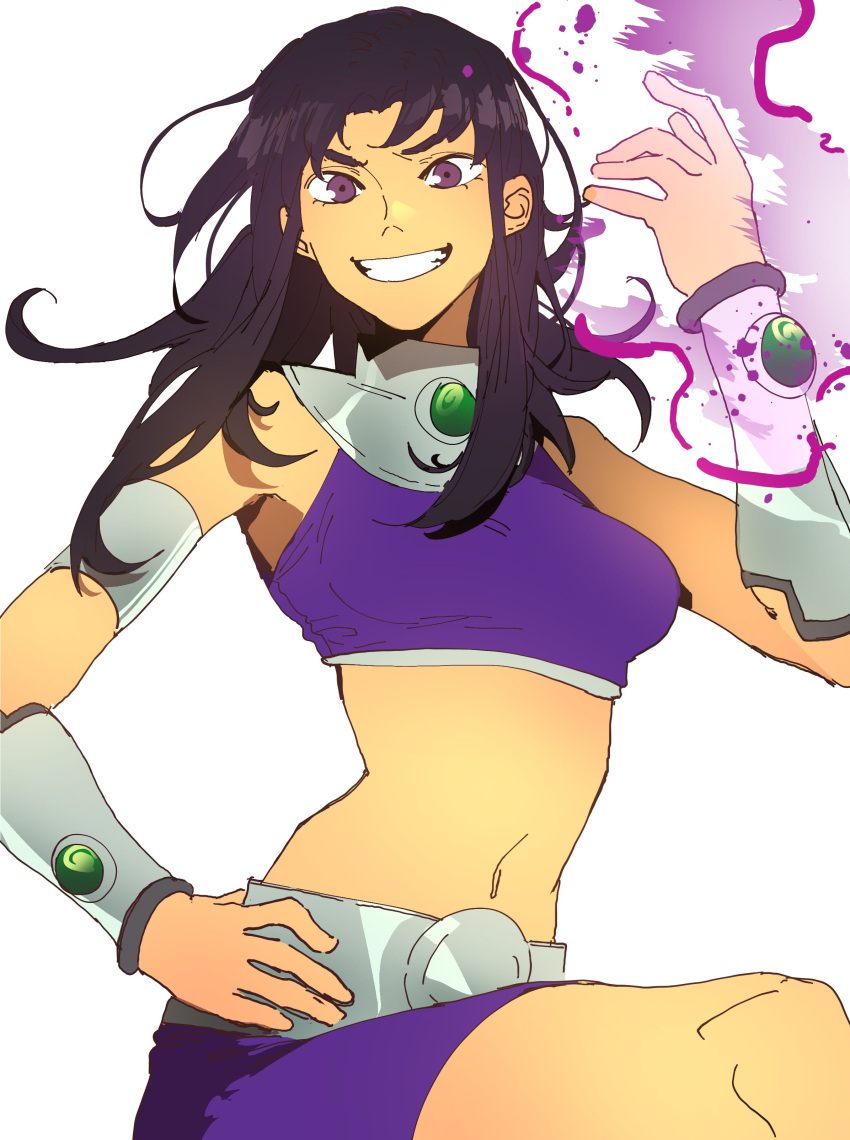 1girl absurdres arm_armor arm_guards armlet bare_shoulders belt black_hair blackfire breasts closed_mouth colored_skin cowboy_shot crop_top dc_comics energy gem gorget green_gemstone hand_on_own_hip hand_up highres isaacchief300 knee_up long_hair looking_at_viewer medium_breasts metal_belt midriff navel open_hand parted_bangs purple_eyes purple_skirt purple_tank_top skirt smile solo superhero tank_top teen_titans teeth thighs v-shaped_eyebrows yellow_skin