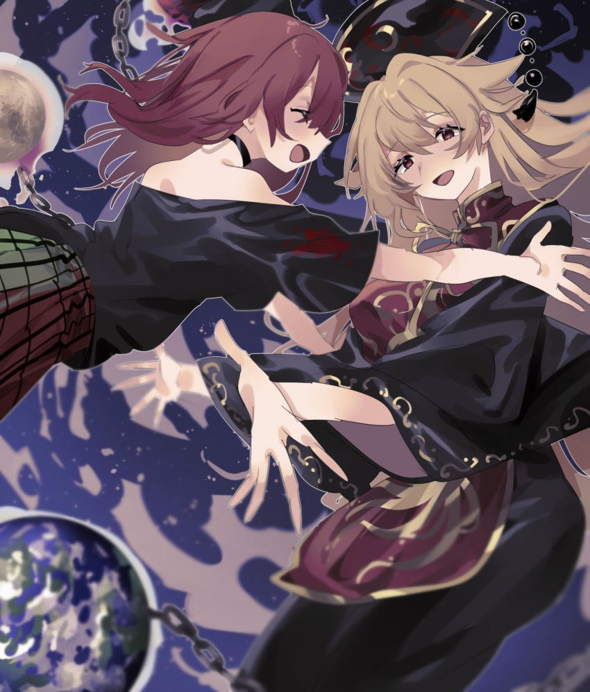 2girls ayahi_4 black_choker black_dress black_shirt blonde_hair bow breasts chain choker closed_eyes commentary dress earth_(ornament) hecatia_lapislazuli highres imminent_hug junko_(touhou) long_hair long_sleeves looking_at_another medium_breasts moon_(ornament) multicolored_clothes multicolored_skirt multiple_girls off-shoulder_shirt off_shoulder open_mouth phoenix_crown pom_pom_(clothes) red_eyes red_hair red_tabard shirt short_sleeves skirt smile t-shirt tabard tassel touhou underworld_(ornament) very_long_hair wide_sleeves yellow_bow yuri