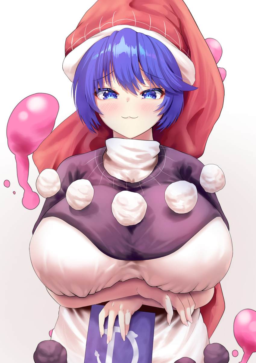 1girl :3 arms_under_breasts black_capelet blob blue_eyes blue_hair blush book breasts capelet commentary doremy_sweet dream_soul dress english_commentary gradient_background hat highres holding holding_book huge_breasts looking_at_viewer nightcap pom_pom_(clothes) red_headwear rion_(user_ufvg8527) short_hair smile solo touhou upper_body