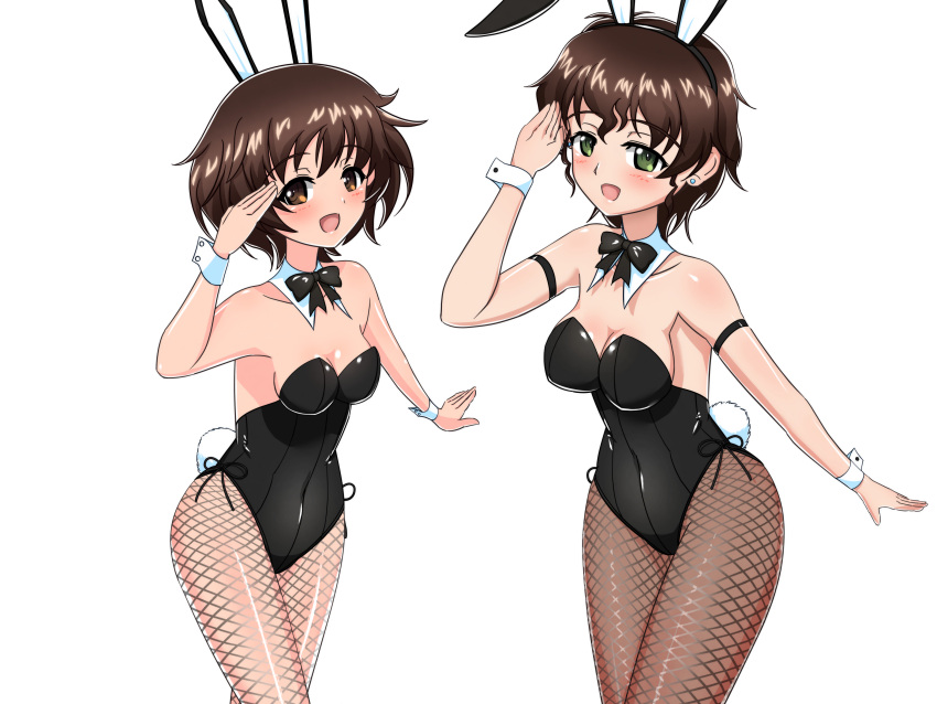 2girls absurdres akiyama_yoshiko akiyama_yukari animal_ears arm_strap black_bow black_bowtie black_leotard bow bowtie breasts brown_eyes brown_hair cleavage collar commentary_request covered_navel cowboy_shot detached_collar earlobe1514366 earrings fake_animal_ears fake_tail fishnet_pantyhose fishnets girls_und_panzer green_eyes highres jewelry leaning_forward leotard looking_at_viewer mature_female medium_breasts messy_hair mother_and_daughter multiple_girls open_mouth pantyhose partial_commentary playboy_bunny rabbit_ears rabbit_tail salute short_hair side-tie_leotard simple_background smile standing strapless strapless_leotard stud_earrings tail wavy_hair white_background white_collar wing_collar wrist_cuffs