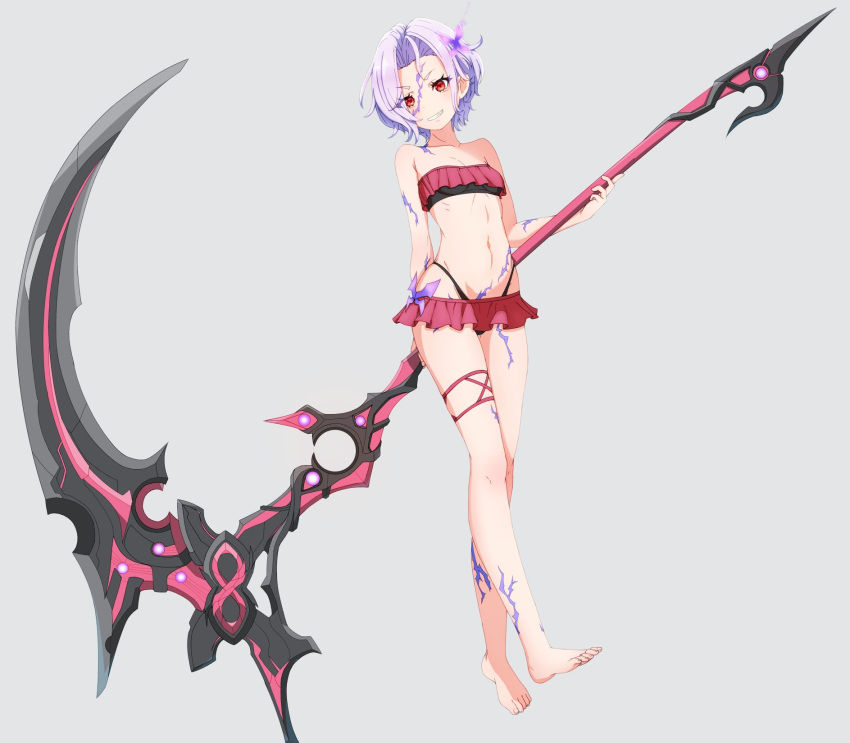 1girl alternate_costume armpit_crease bare_shoulders barefoot bikini body_markings breasts collarbone commentary_request curtained_hair eyelashes frilled_bikini frills full_body grey_background highleg highres holding holding_scythe holding_weapon kamidan navel purple_hair red_bikini red_eyes scythe short_hair simple_background small_breasts smile solo standing swimsuit teeth weapon x_(xenoblade) xenoblade_chronicles_(series) xenoblade_chronicles_3