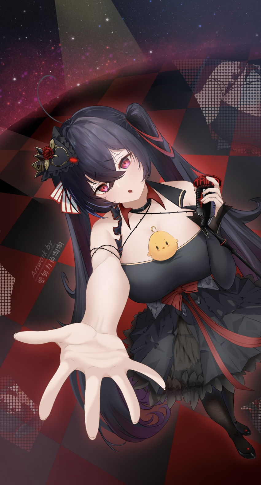 1girl absurdres ahoge artist_name asymmetrical_sleeves azur_lane black_dress black_footwear black_hair black_pantyhose breasts checkered_floor commentary_request crossed_bangs dress frilled_dress frills from_above full_body hair_between_eyes highres holding holding_microphone_stand huge_ahoge huge_breasts long_hair manjuu_(azur_lane) microphone_stand mohairu_(hhooaann) outstretched_arm pantyhose red_eyes shoes short_dress single_sleeve solo taihou_(azur_lane) taihou_(muse)_(azur_lane) twintails uneven_sleeves very_long_hair