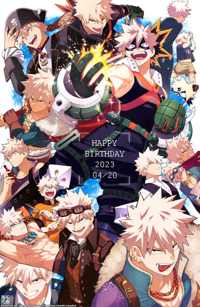 1boy abs absurdres angry bakugou_katsuki black_jacket black_pants black_shirt black_tank_top black_vest blonde_hair blue_jacket boku_no_hero_academia brown_gloves brown_shorts brown_vest card child collared_shirt dated domino_mask earrings explosion gloves goggles goggles_on_head green_gloves grey_jacket happy_birthday hat highres holding holding_card holding_sword holding_weapon jacket jewelry large_pectorals looking_at_viewer lying male_focus mask multiple_rings multiple_views muscular muscular_male navel necklace necktie official_alternate_costume on_back open_clothes open_jacket open_mouth orange_shirt pants pectorals pirate pirate_hat red_eyes red_scarf ring scarf school_uniform shirt short_hair shorts smile spiked_hair superhero sword tank_top teeth tongue tongue_out topless_male twitter_username vest weapon white_shirt yazaki_(yazakc) yellow_shirt