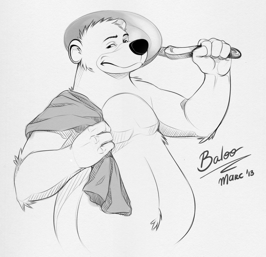 2013 4_fingers anthro baloo bear belly cookware fingers frying_pan humanoid_hands kitchen_utensils male mammal overweight overweight_male punkfroid simple_background solo the_jungle_book tools towel