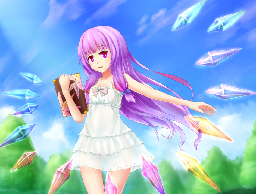 alternate_costume anata_(lighttuner) bare_arms bare_shoulders blue_sky blurry book bow cloud collarbone crystal day depth_of_field dress grimoire hair_bow long_hair looking_at_viewer outdoors outstretched_arm parted_lips patchouli_knowledge purple_eyes purple_hair sidelocks sky solo sundress touhou transparent tree wind