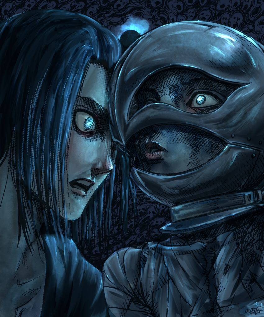 2boys absurdres arm_wrap artist_name bandages berserk black_hair black_jacket blue_eyes blue_theme colorized commentary crossover eliasdessin english_commentary eren_yeager face-to-face griffith_(berserk) helmet highres instufer jacket kneeling long_hair multiple_boys open_mouth shingeki_no_kyojin shirt skinny teeth white_shirt