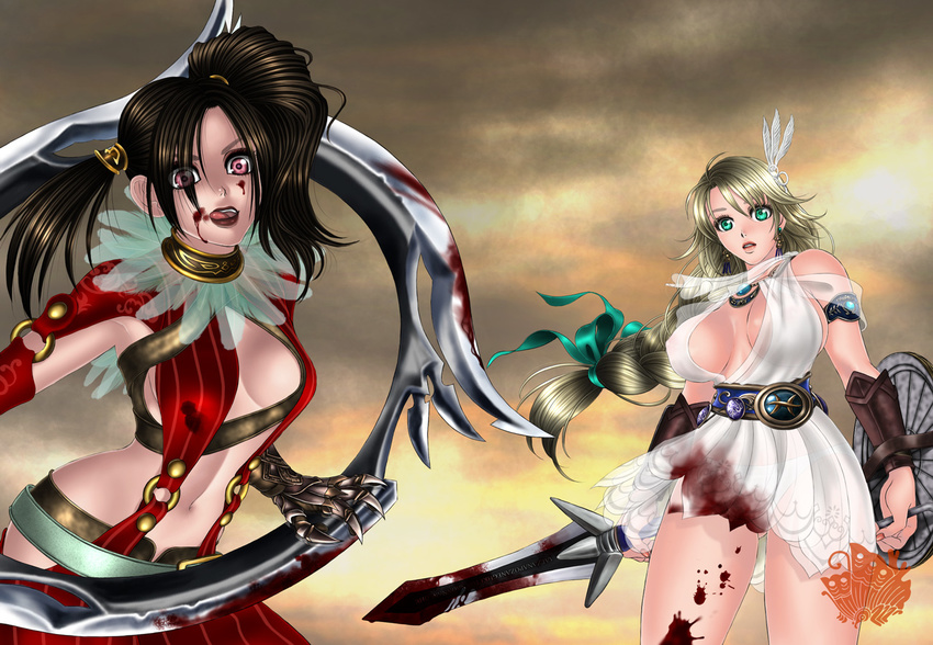 armlet belt blade blonde_hair blood blood_on_face braid brown_hair green_eyes hair_ornament licking_lips lip_licking long_hair looking_at_viewer low-tied_long_hair multiple_girls navel pink_eyes shield sophitia_alexandra soul_calibur soulcalibur_iv sword tira tira_(soulcalibur) tongue tongue_out weapon xuexue_yue_hua