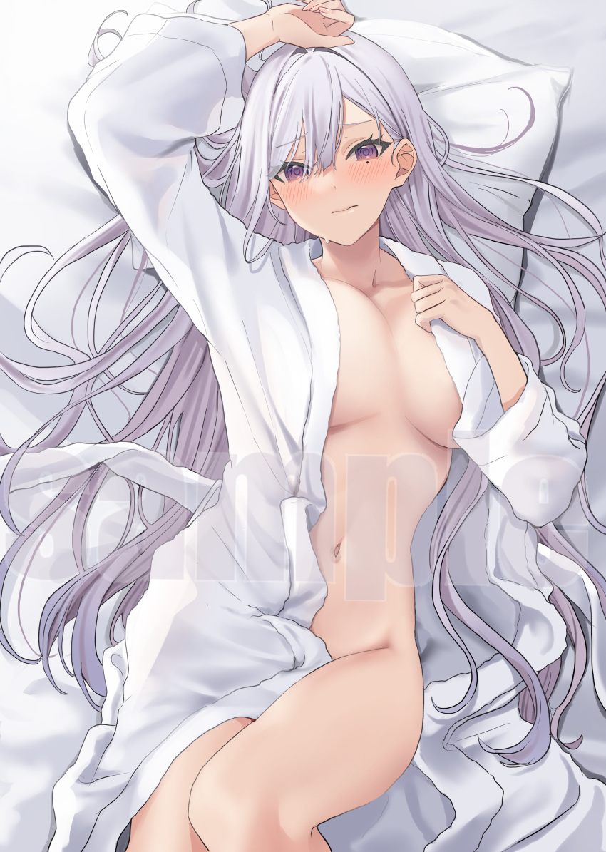 1girl 3: absurdres bathrobe bed_sheet blush breasts breasts_apart closed_mouth from_above frown grey_hair hamu_(plot_sy) head_on_pillow highres knee_up large_breasts long_hair long_sleeves looking_at_viewer lying mole mole_under_eye navel no_bra no_panties on_back on_bed open_clothes original purple_eyes sample_watermark solo very_long_hair watermark