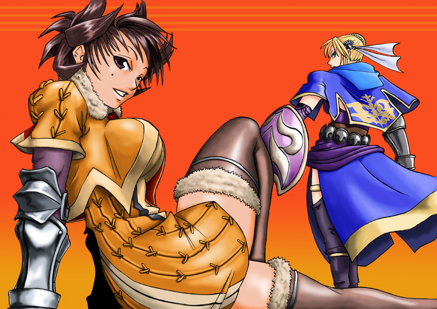 2girls alternate_costume arm_support armor blonde_hair blue_eyes brown_eyes brown_hair brown_legwear from_behind fur_trim hair_up leaning_back legs_crossed looking_at_viewer looking_back mole multiple_girls nigtouab shield sitting sophitia_alexandra soul_calibur soulcalibur_iii standing thighhighs tira tira_(soulcalibur)