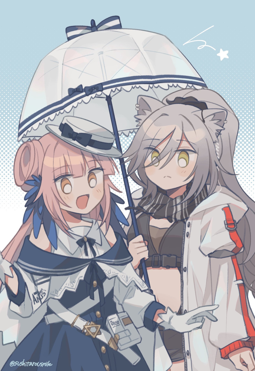 2girls animal_ears arknights bare_shoulders black_scarf black_shirt black_shorts blue_background blue_dress blue_feathers capelet cat_ears cat_girl ceylon_(arknights) closed_mouth clothing_cutout crop_top dress feather_hair feathers frown gloves grey_hair hair_rings hat highres holding holding_umbrella jacket long_hair long_sleeves multiple_girls open_clothes open_jacket open_mouth parasol pink_hair ponytail scarf schwarz_(arknights) shared_umbrella shirt shorts shoulder_cutout smile sushitarou twitter_username umbrella upper_body white_background white_capelet white_gloves white_headwear white_jacket yellow_eyes
