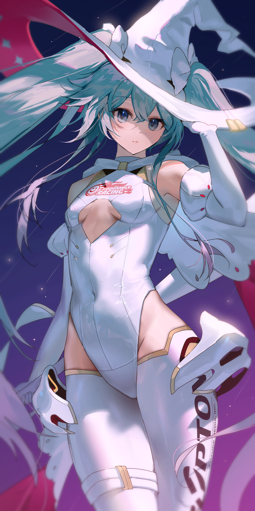 1girl absurdres aqua_eyes aqua_hair breasts capelet closed_mouth clothing_cutout commentary covered_nipples cowboy_shot crossed_bangs crypton_future_media elbow_gloves gloves goodsmile_racing hat hatsune_miku highleg highleg_leotard highres holding holding_behind_back leotard long_hair looking_at_viewer nannaspad pantyhose racing_miku racing_miku_(2024) small_breasts solo symbol-only_commentary twintails two-sided_fabric two-sided_headwear underboob_cutout very_long_hair vocaloid white_capelet white_gloves white_headwear white_leotard white_pantyhose witch_hat