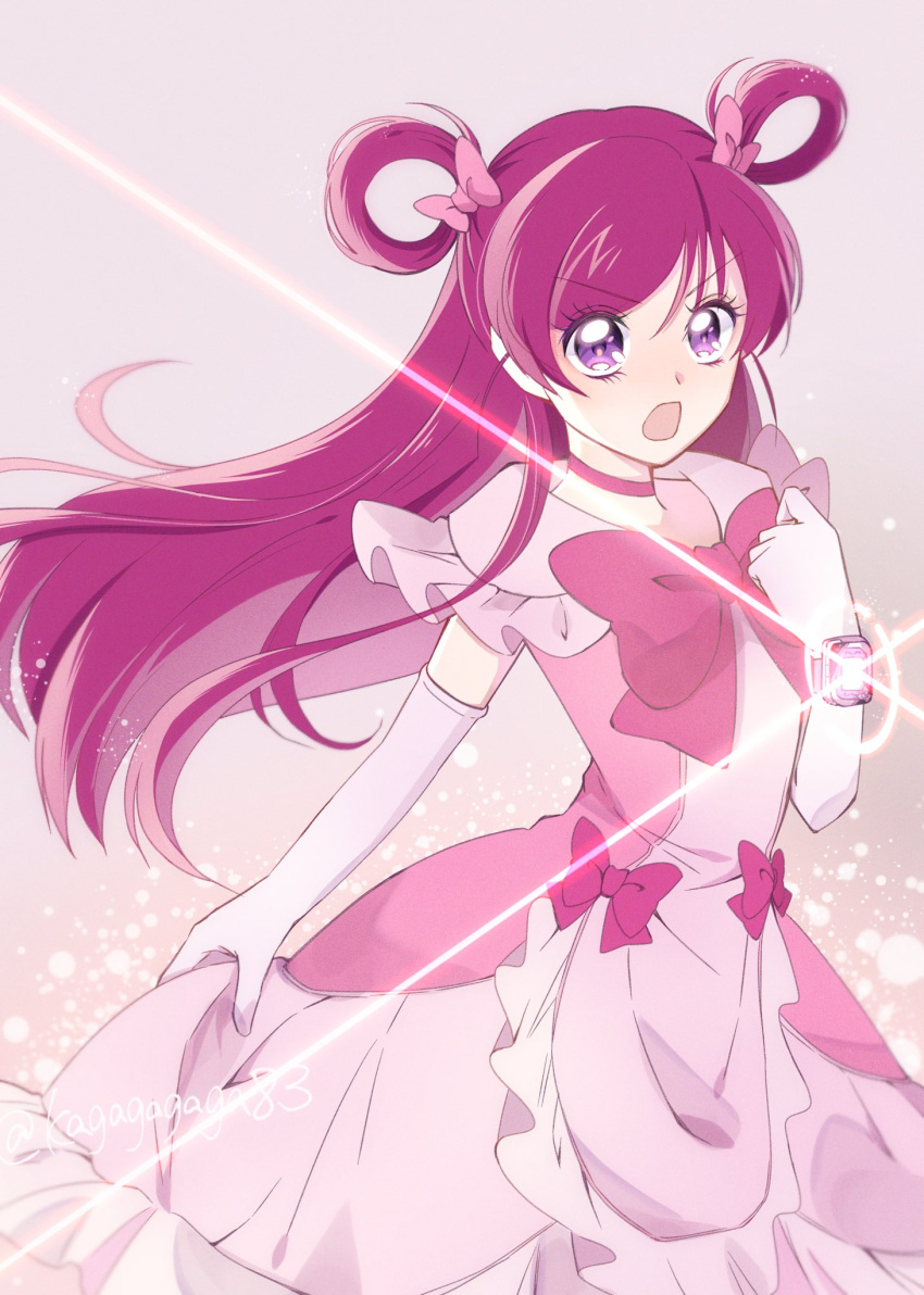 1girl bow choker commentary_request cure_dream dress elbow_gloves eyelashes gloves hair_bow hair_ornament hair_rings highres kagagagaga83 long_hair looking_at_viewer magical_girl open_mouth pink_choker pink_dress pink_eyes pink_hair precure serious solo standing yes!_precure_5 yumehara_nozomi
