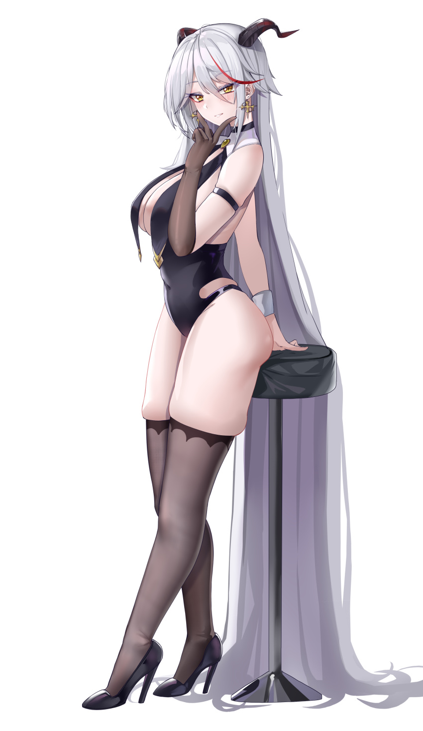 1girl absurdly_long_hair absurdres aegir_(azur_lane) alternate_costume arm_strap azur_lane black_gloves black_leotard black_thighhighs breast_curtains breasts cleavage covered_nipples cross cross_earrings demon_horns earrings elbow_gloves full_body gloves hand_on_own_chin hand_up high_heels highres horns jewelry kaijiba leotard long_hair looking_at_viewer mechanical_horns multicolored_hair red_hair single_glove slit_pupils smile standing streaked_hair thighhighs underbust very_long_hair white_background