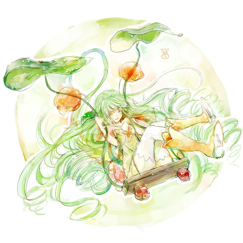 alraune_(p&amp;d) closed_eyes dress flower green_hair happy highres leaf long_hair plant_girl puzzle_&amp;_dragons smile solo swing