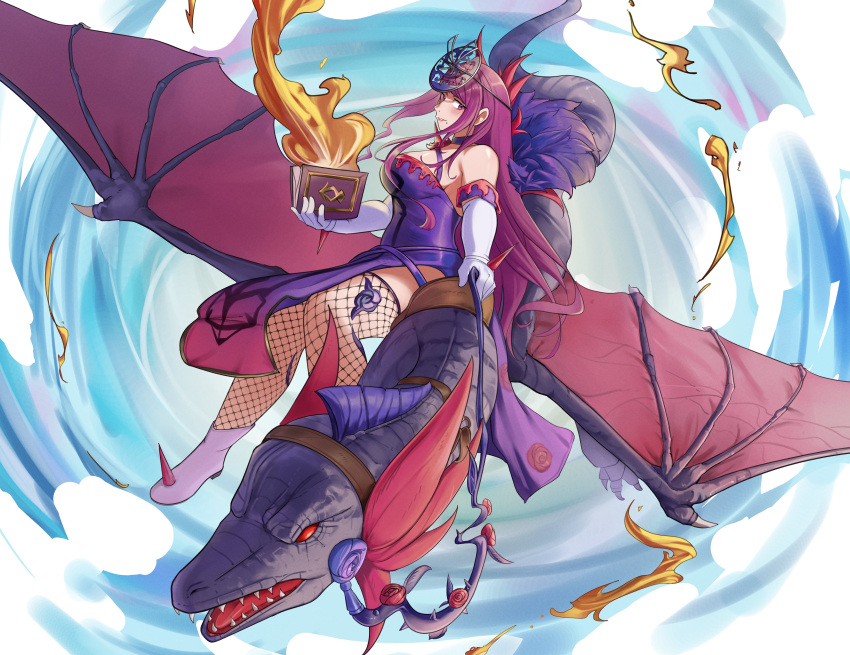 1girl absurdres bare_shoulders blue_dress book boots breasts commentary deliciousbrain detached_sleeves dragon dress fire fire_emblem fire_emblem_engage fishnet_thighhighs fishnets gloves halterneck highres holding holding_book ivy_(fire_emblem) large_breasts long_hair looking_at_viewer purple_hair short_sleeves solo thighhighs very_long_hair white_footwear white_gloves wyvern