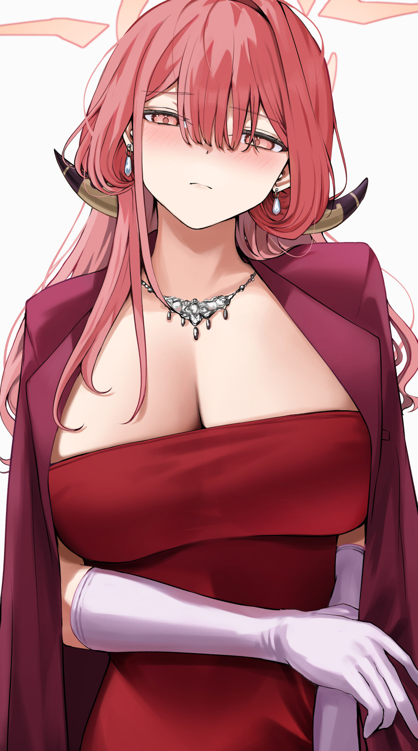 1girl absurdres aru_(blue_archive) aru_(dress)_(blue_archive) blue_archive blush breasts cleavage coat coat_on_shoulders commentary demon_horns dress earrings gloves halo head_tilt highres horns huge_breasts jewelry long_hair looking_at_viewer necklace pink_hair red_coat red_dress san_(harutuki_3) simple_background solo upper_body white_background white_gloves