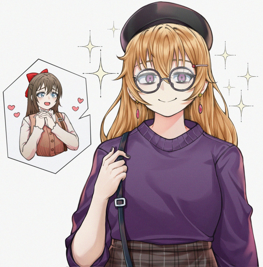 2girls beret bespectacled black_headwear blue_eyes bow brown_hair brown_skirt brown_vest closed_mouth commentary commentary_request earrings furrowed_brow glasses hair_between_eyes hair_bow hair_ornament hairclip hat heart highres interlocked_fingers jewelry konoe_kanata long_hair long_sleeves looking_at_another looking_at_viewer love_live! love_live!_nijigasaki_high_school_idol_club mayo_e multiple_girls open_mouth orange_hair ousaka_shizuku own_hands_clasped own_hands_together plaid plaid_skirt purple_eyes purple_sweater red_bow round_eyewear shirt sidelocks skirt smile solo_focus sparkle spoken_character sweater upper_body vest white_background white_shirt
