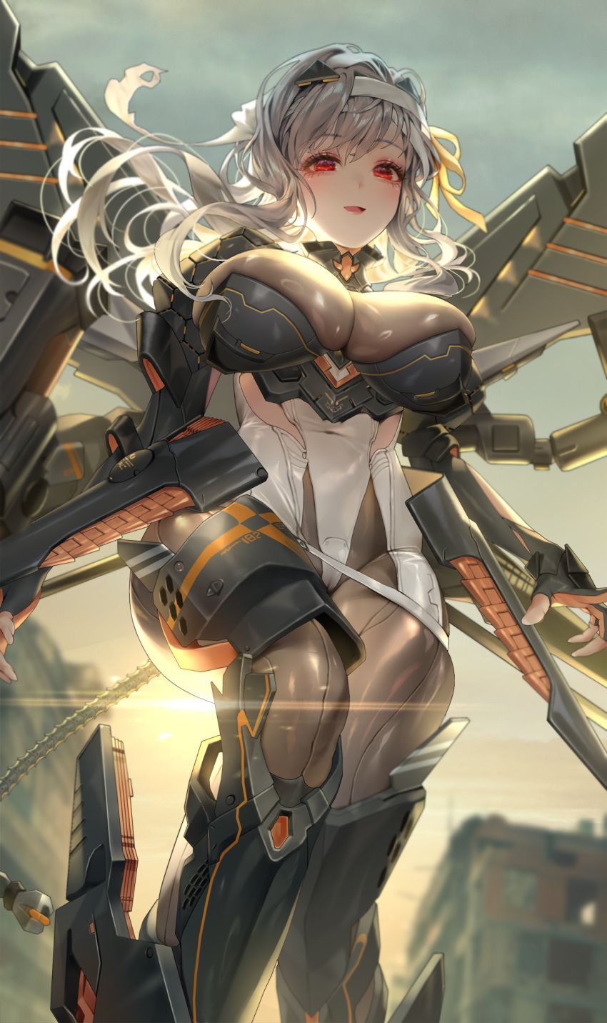 1girl bandaged_head bandages breasts covered_navel day from_below ganik goddess_of_victory:_nikke grey_hair highres large_breasts long_hair looking_at_viewer mecha_musume mechanical_wings modernia_(nikke) open_mouth outdoors red_eyes smile solo tail wings