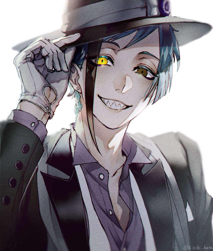 1boy adjusting_clothes adjusting_headwear akazu_kieshi black_jacket blue_hair brown_eyes collared_jacket collared_shirt colored_eyelashes earrings floyd_leech gloves grey_gloves grin hand_on_headwear hand_up heterochromia highres jacket jewelry long_sleeves looking_at_viewer male_focus multicolored_hair purple_shirt sharp_teeth shirt short_hair simple_background single_earring smile solo streaked_hair teeth twisted_wonderland twitter_username upper_body white_background yellow_eyes