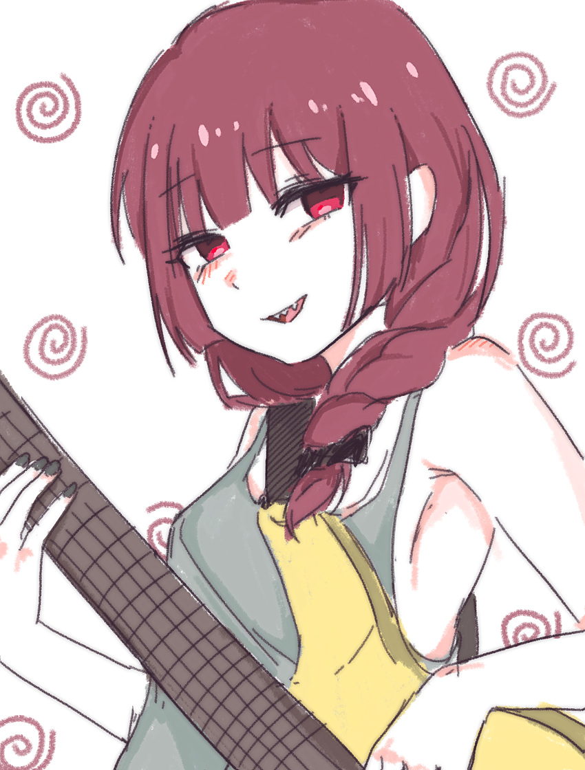 1girl absurdres armpits bare_shoulders bass_guitar black_bow black_nails blunt_bangs bocchi_the_rock! bow dress green_dress grin guitar highres hiroi_kikuri holding holding_guitar holding_instrument instrument long_hair looking_at_viewer okogeyu red_eyes red_hair sharp_teeth side_ponytail simple_background sleeveless sleeveless_dress smile straight_hair sundress teeth