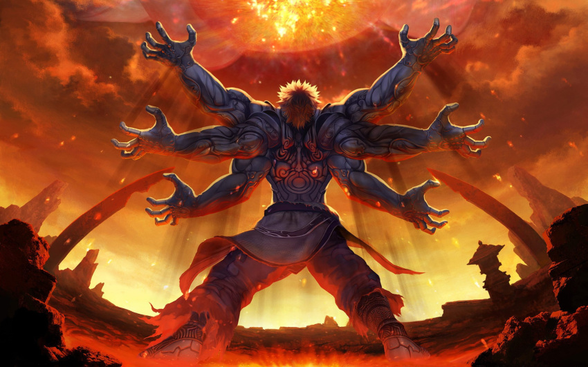 1boy angry asura's_wrath asura_(asura's_wrath) cloud cyborg extra_arms fantasy fire from_behind full_body highres male_focus muscular muscular_male official_art outdoors red_sky science_fiction short_hair sky solo standing third-party_source white_hair