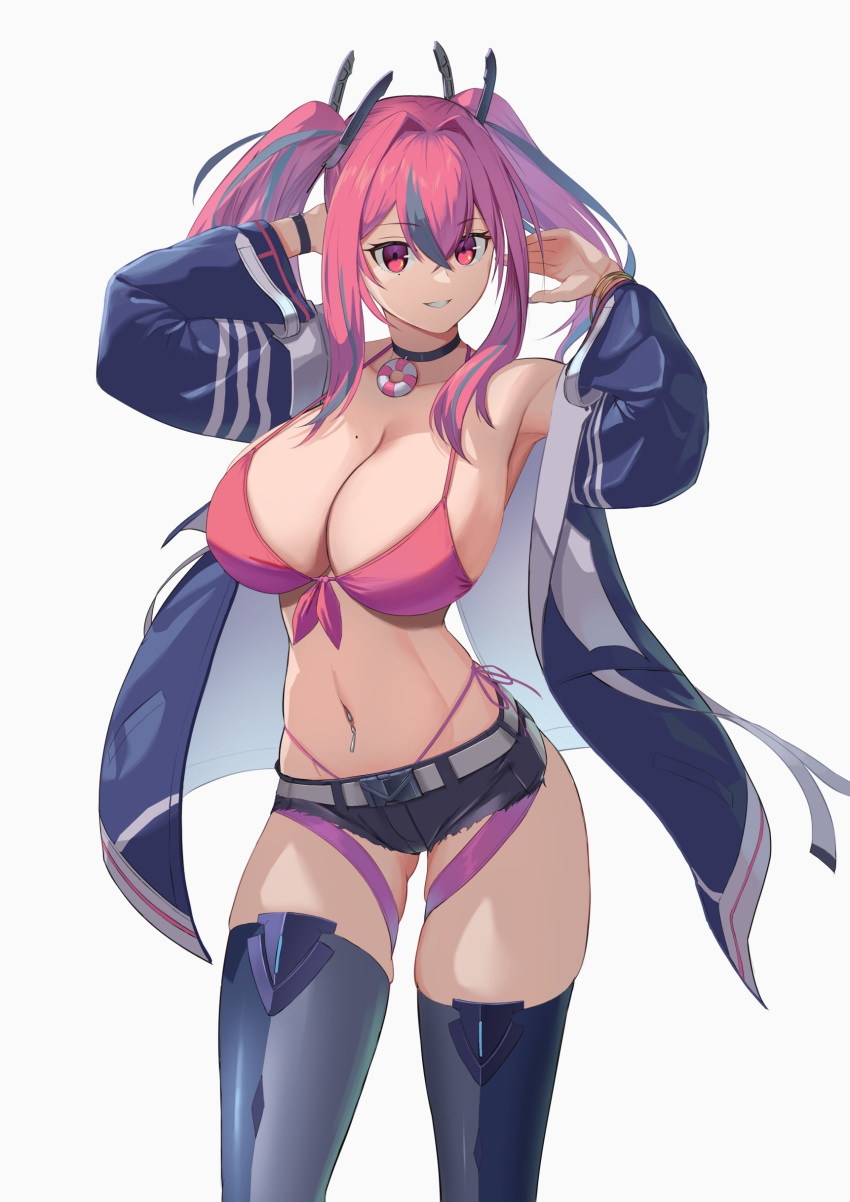 1girl absurdres azur_lane bikini black_choker black_shorts blue_jacket breasts bremerton_(azur_lane) choker commentary cowboy_shot grey_background grey_hair hair_intakes highres jacket large_breasts lom_(lom_lom_8) long_hair long_sleeves looking_at_viewer multicolored_hair navel navel_piercing open_clothes open_jacket piercing pink_bikini pink_eyes pink_hair short_shorts shorts solo standing stomach streaked_hair swimsuit thigh_strap thighhighs twintails