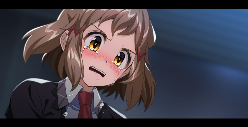 1girl black_sweater blush brown_eyes brown_hair collared_shirt crying crying_with_eyes_open gradient_eyes hair_ornament hairclip highres medium_hair multicolored_eyes necktie nyanmaru open_mouth orange_eyes red_necktie senki_zesshou_symphogear shirt sidelocks solo streaming_tears sweater tachibana_hibiki_(symphogear) tears teeth upper_teeth_only white_shirt