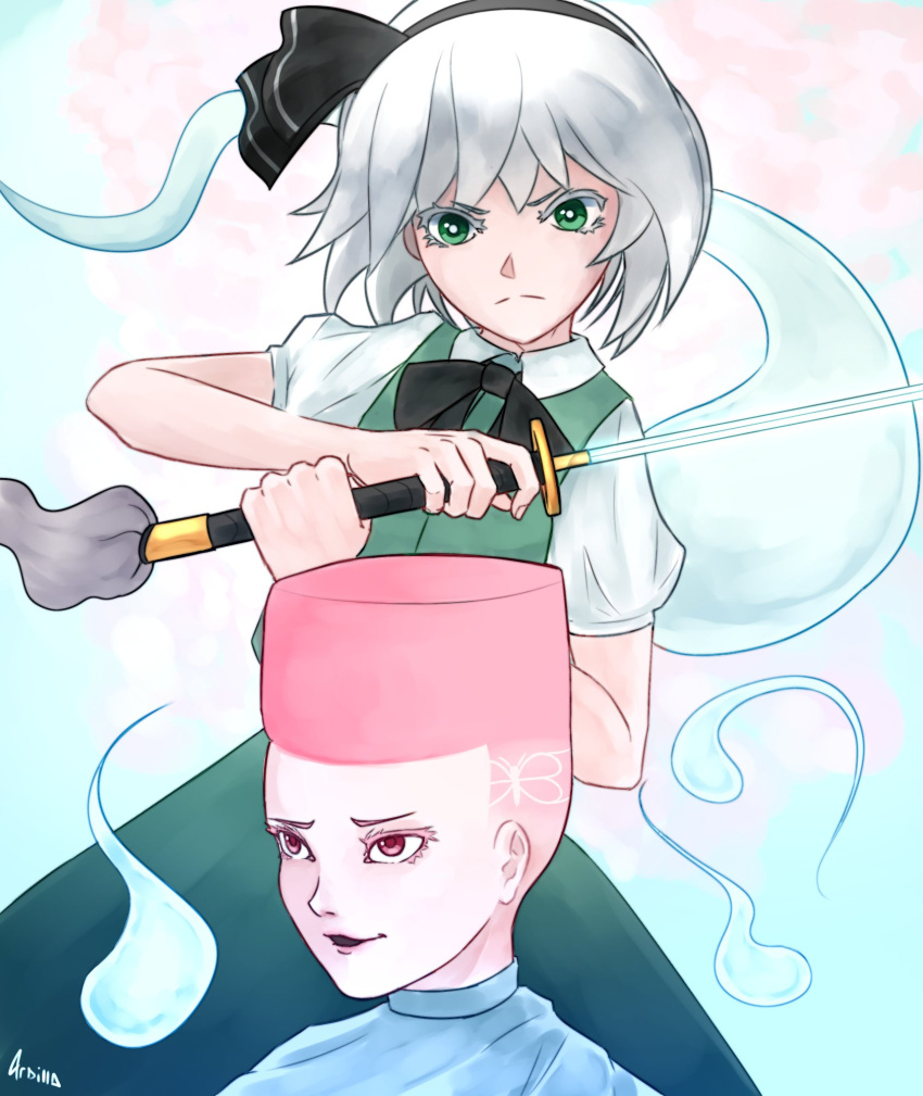 2girls 4rdisha barber barber_cape barber_chair black_hairband bug butterfly choso_giving_toudou_a_haircut_(meme) eyelashes eyeliner fade_(haircut) ghost green_skirt green_vest grey_hair hairband highres holding holding_sword holding_weapon katana konpaku_youmu konpaku_youmu_(ghost) makeup meme multiple_girls perfect_cherry_blossom pink_eyeliner pink_eyes pink_hair saigyouji_yuyuko short_hair simple_background skirt skirt_set smile sword touhou very_short_hair vest weapon white_eyeliner white_hair