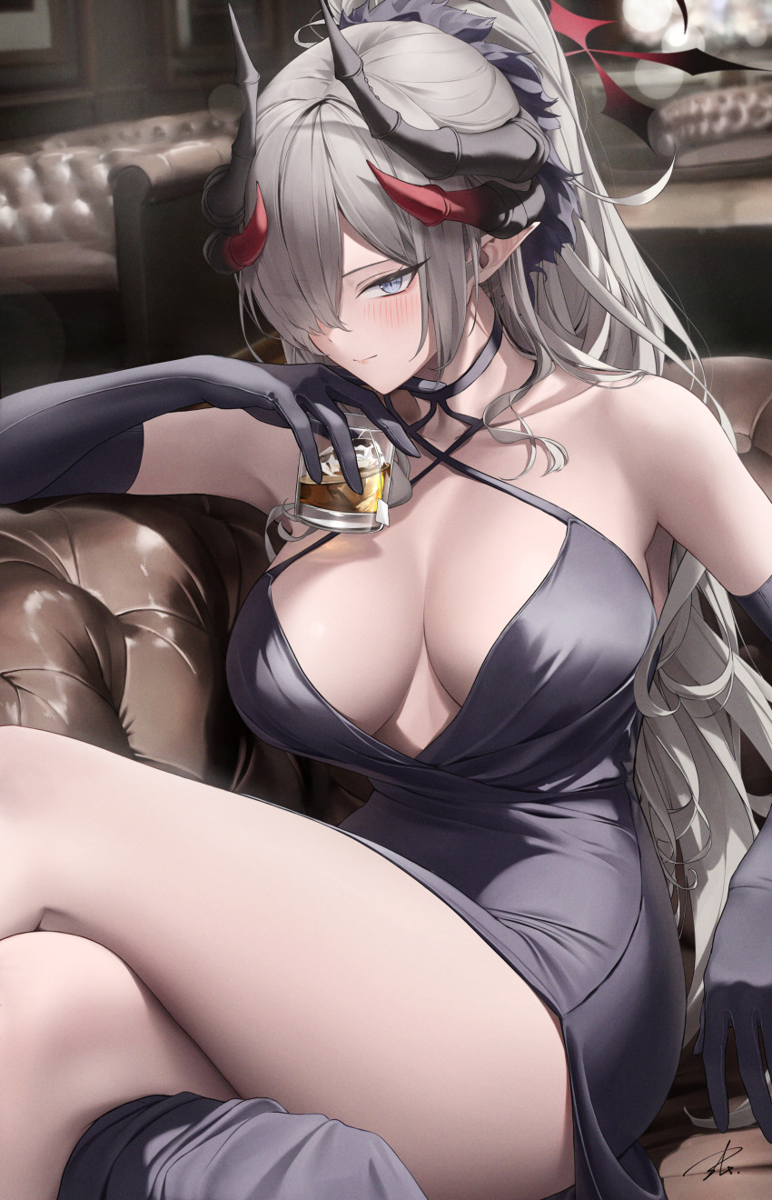 1girl absurdres ass black_dress black_gloves black_horns blue_archive blush breasts closed_mouth collarbone crossed_legs cup demon_horns dress elbow_gloves gloves grey_eyes grey_hair hair_over_one_eye halo halterneck highres holding holding_cup horns indoors large_breasts long_hair looking_at_viewer makoto_(blue_archive) makoto_(dress)_(blue_archive) multiple_horns official_alternate_costume pointy_ears red_halo signature solo thighs yabacha