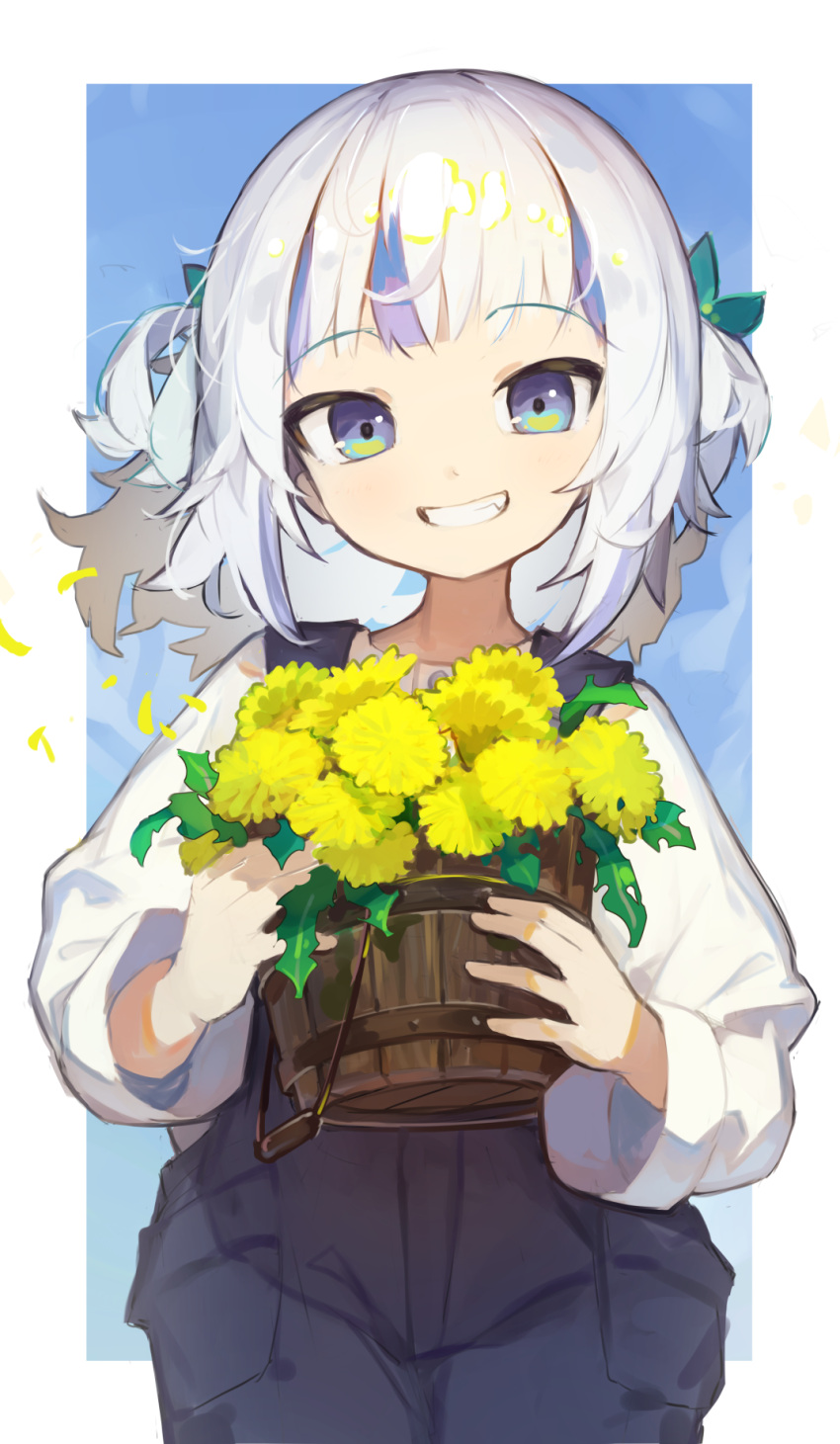 1girl alternate_costume blue_eyes blue_hair blue_overalls border bouquet bucket fang flower gawr_gura hair_ornament harufude highres holding holding_bouquet holding_bucket holding_flower hololive hololive_english looking_at_viewer medium_hair multicolored_hair overalls pants shirt sky smile solo standing streaked_hair teeth two_side_up virtual_youtuber white_background white_border white_hair white_shirt