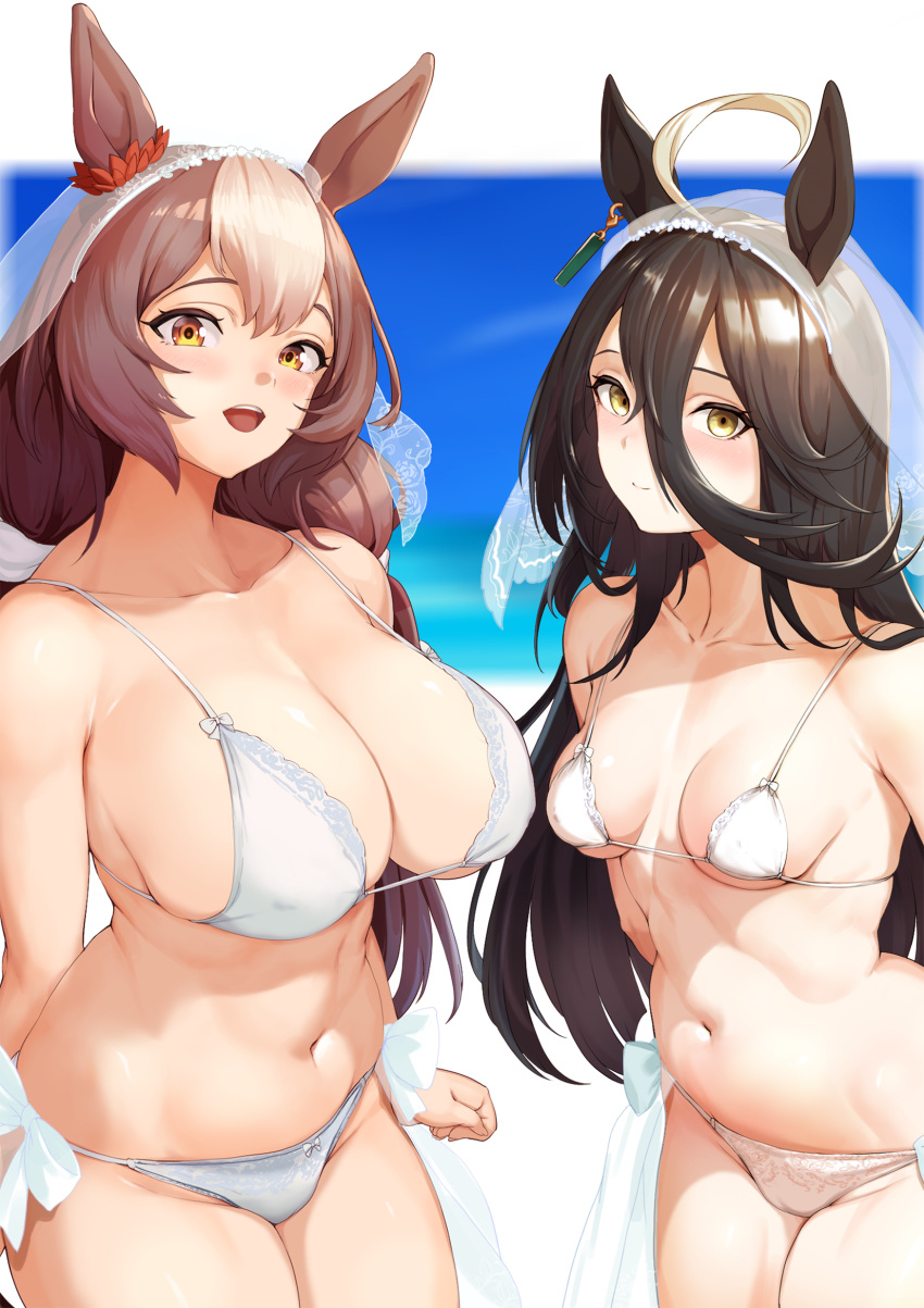 2girls ahoge animal_ears arms_at_sides arms_behind_back bikini black_hair blue_sky blurry blurry_background blush breasts brown_eyes brown_hair cleavage clenched_hands closed_mouth cloud collarbone commission covered_nipples day effort_star hair_between_eyes hair_ribbon highres horse_ears horse_girl horse_tail large_breasts long_hair manhattan_cafe_(umamusume) multicolored_hair multiple_girls navel ocean open_mouth outdoors ribbon sarong see-through_sarong simple_background sky small_breasts smile standing stomach swimsuit tail teeth two-tone_hair umamusume underboob upper_teeth_only veil very_long_hair white_background white_bikini white_hair yamanin_zephyr_(umamusume) yellow_eyes