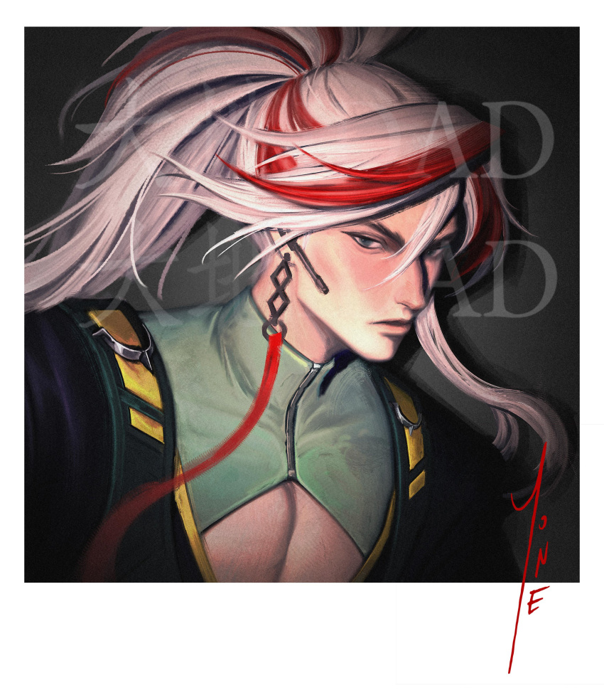 absurdres earrings green_eyes highres jewelry league_of_legends long_hair meme_attire open-chest_sweater polaroid simple_background sweater very_long_hair white_hair yone